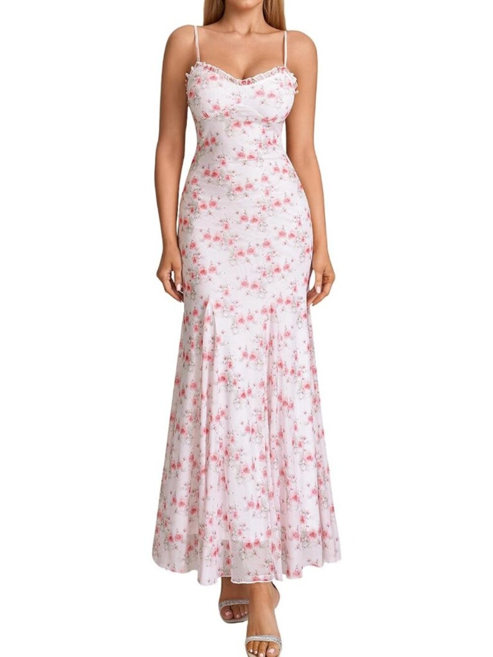 Floral Lace Maxi Dress with Spaghetti Straps | Flowy Ruffle Sundress for